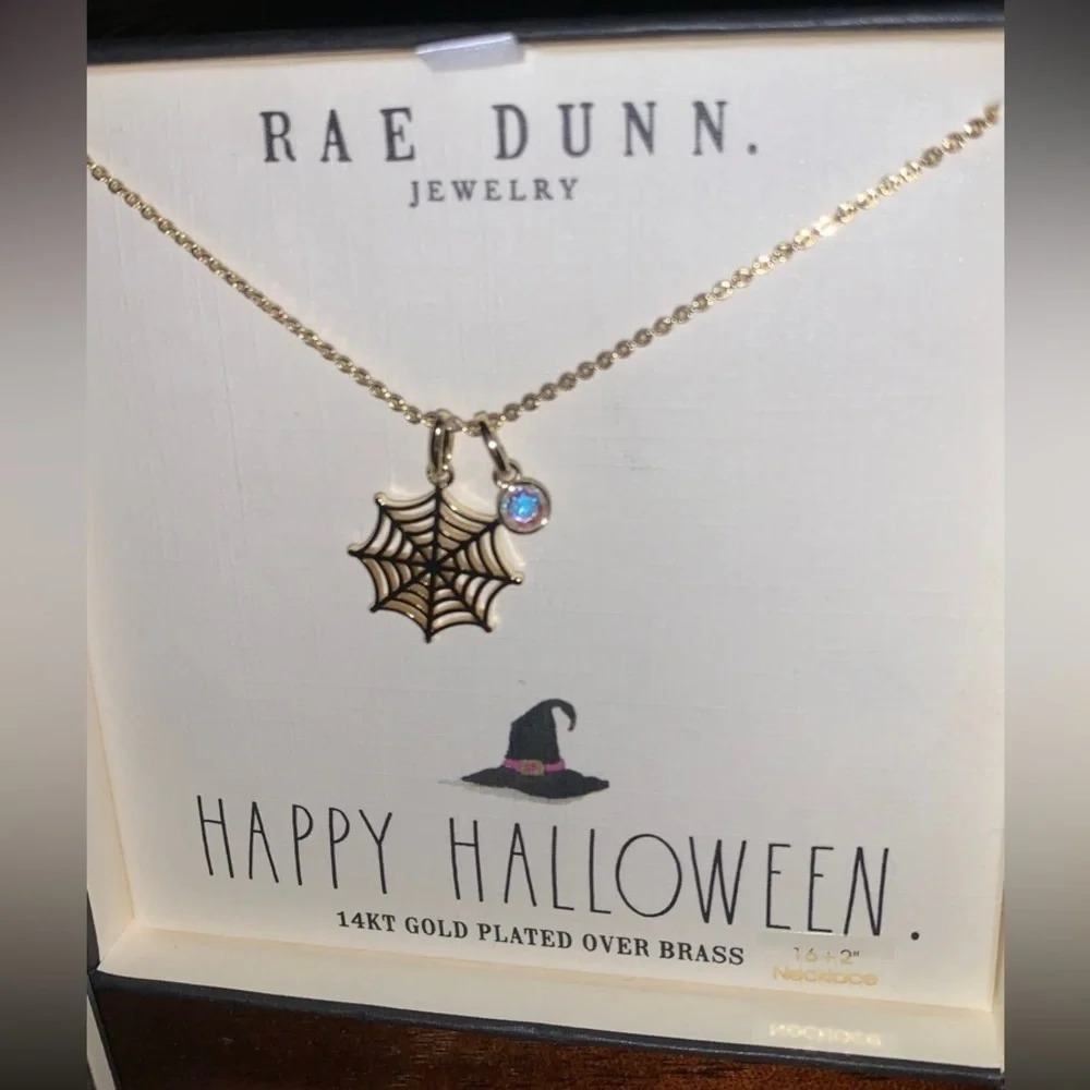 Rae Dunn Halloween Holiday Delicate Gold Spider Web Charm Necklace Box New Nwt 25$